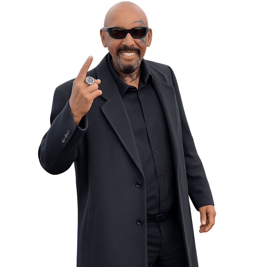 Pastor Phil Aguilar smiling in a black suit and sunglasses